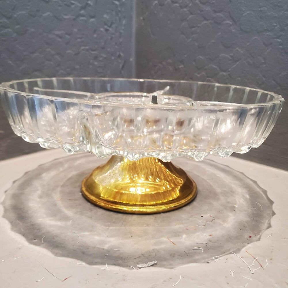 Glass and Gold Pedestal Footed Sectioned Relish Dish 4 sections
